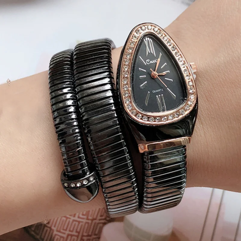 Cussi – montre à remontage serpent pour femmes, montre-bracelet de luxe en cristal doré, montre-bracelet pour dames, horloge Reloj Mujer