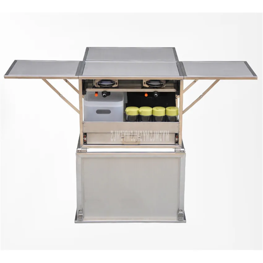 2-3 Person Outdoor Mobile Kitchen 304 Stainless Steel Foldable Cooking Desk Hiking Camping Gas Cooker Stove + Windshield W450