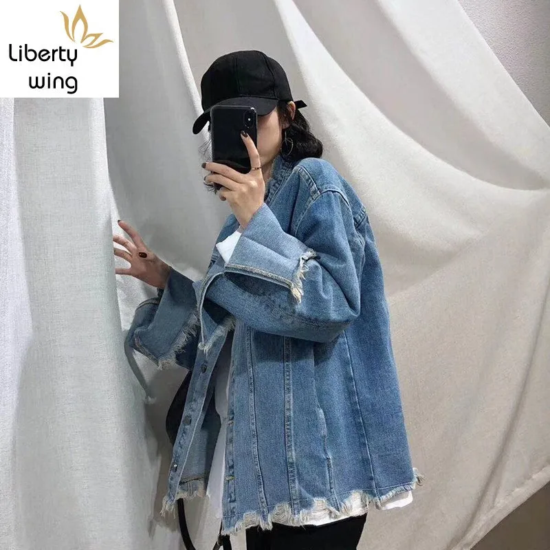 Harajuka Spring Korean Flare Sleeve Womens Denim Jackets Asymmetrical Hole Ripped Loose Vintage Plus Size Female Outerwear Coats