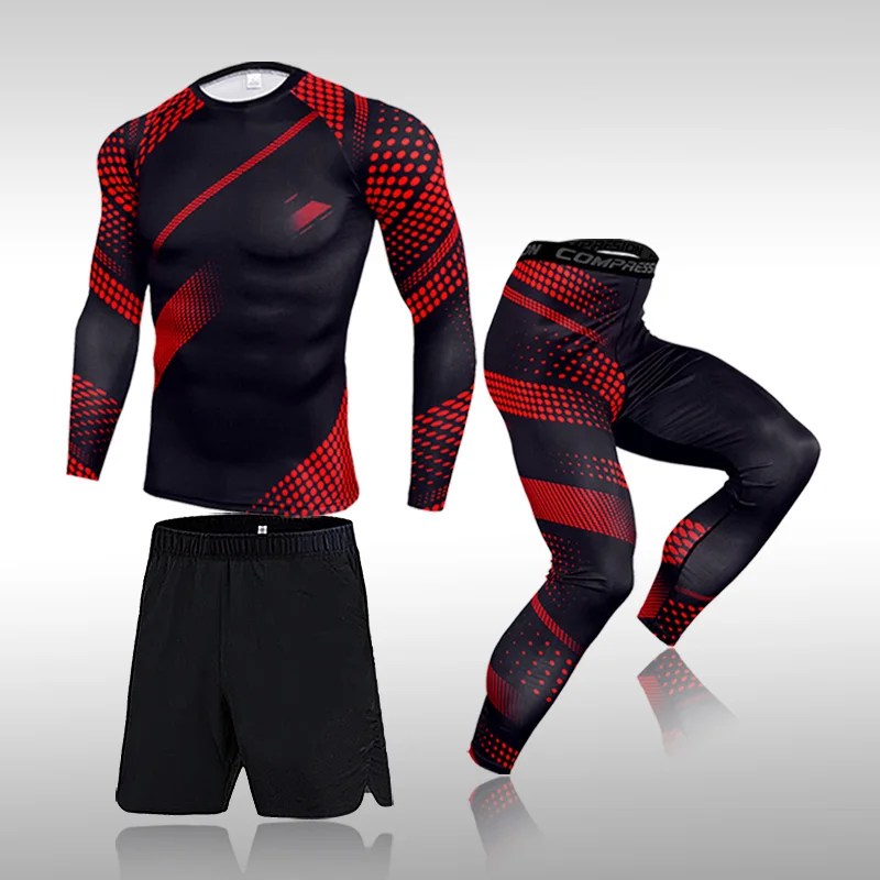 3 Pcs Tracksuits Suit Men Running Sports Suit MMA Compression Sportswear Rashguard Male Bodybuilding T-shirt Pants Man Training