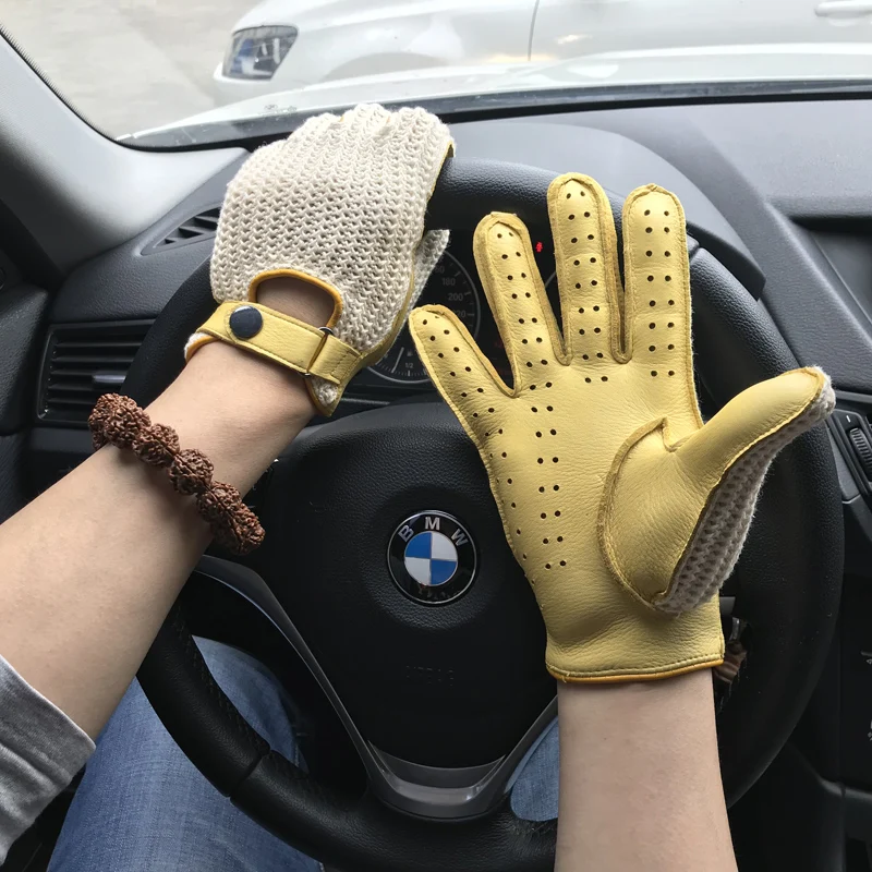 Guantes de cuero para hombre, accesorios de moda, Crochet, transpirables, para conducir, motocicleta, sin forro, gimnasio, locomotora