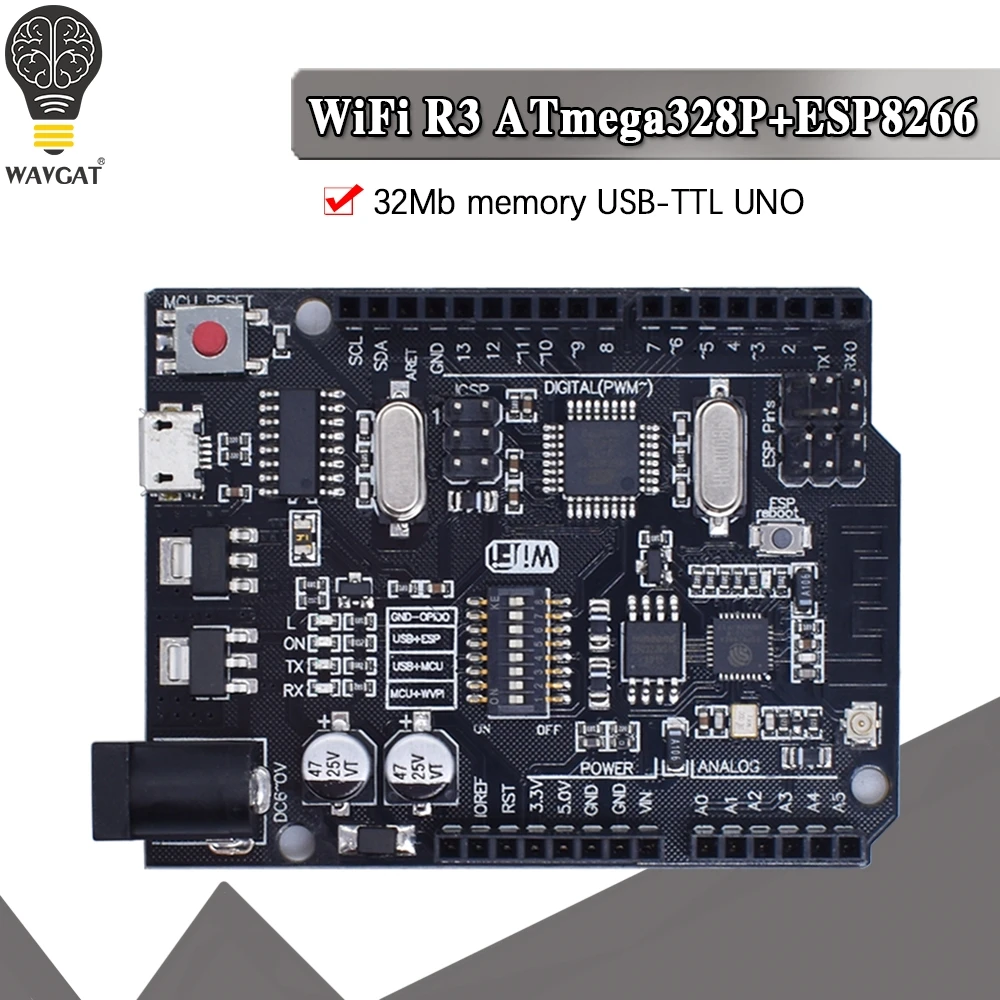 WAVGAT UNO R3 + WiFi ATmega328P + ESP8266 (ذاكرة 32Mb) USB-TTL CH340G لاردوينو Uno NodeMCU WeMos ESP8266 واحد وصول جديد