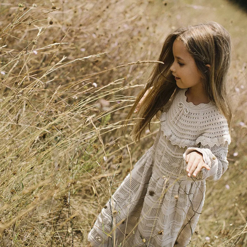 

2021 Girls Knit Dress Kids Knitted One-Piece Dresses Children Autumn Knitwear Vintage Toddler Clothes Baby Girl Long Sleeve Robe