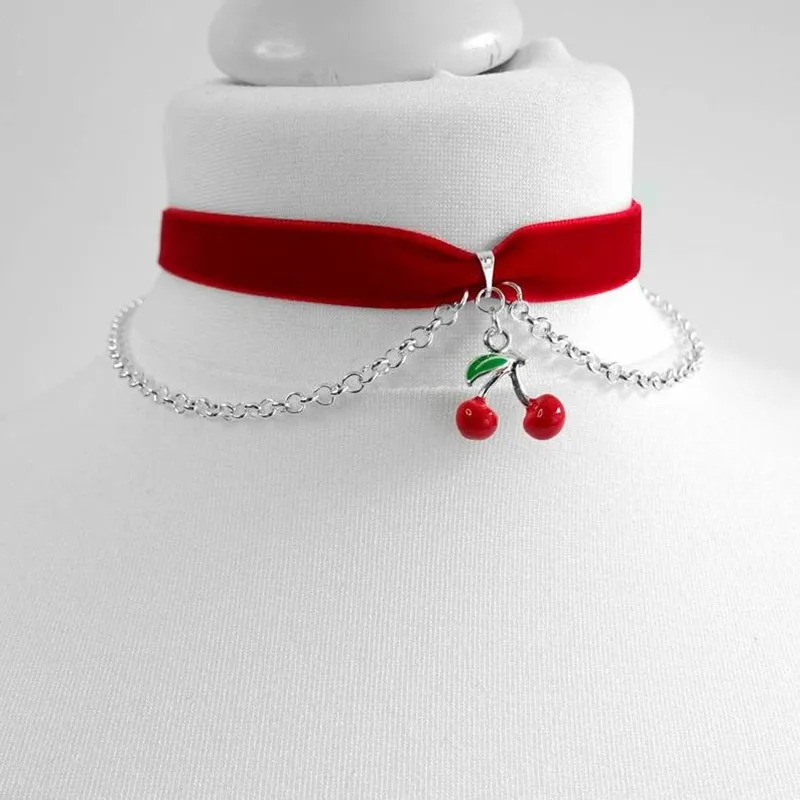 Red Velvet Cherry Choker with Chains Fashion Jewelry Beautiful Delicacy Novelty 2020 New Women Girlfriend Gift Necklace Charm