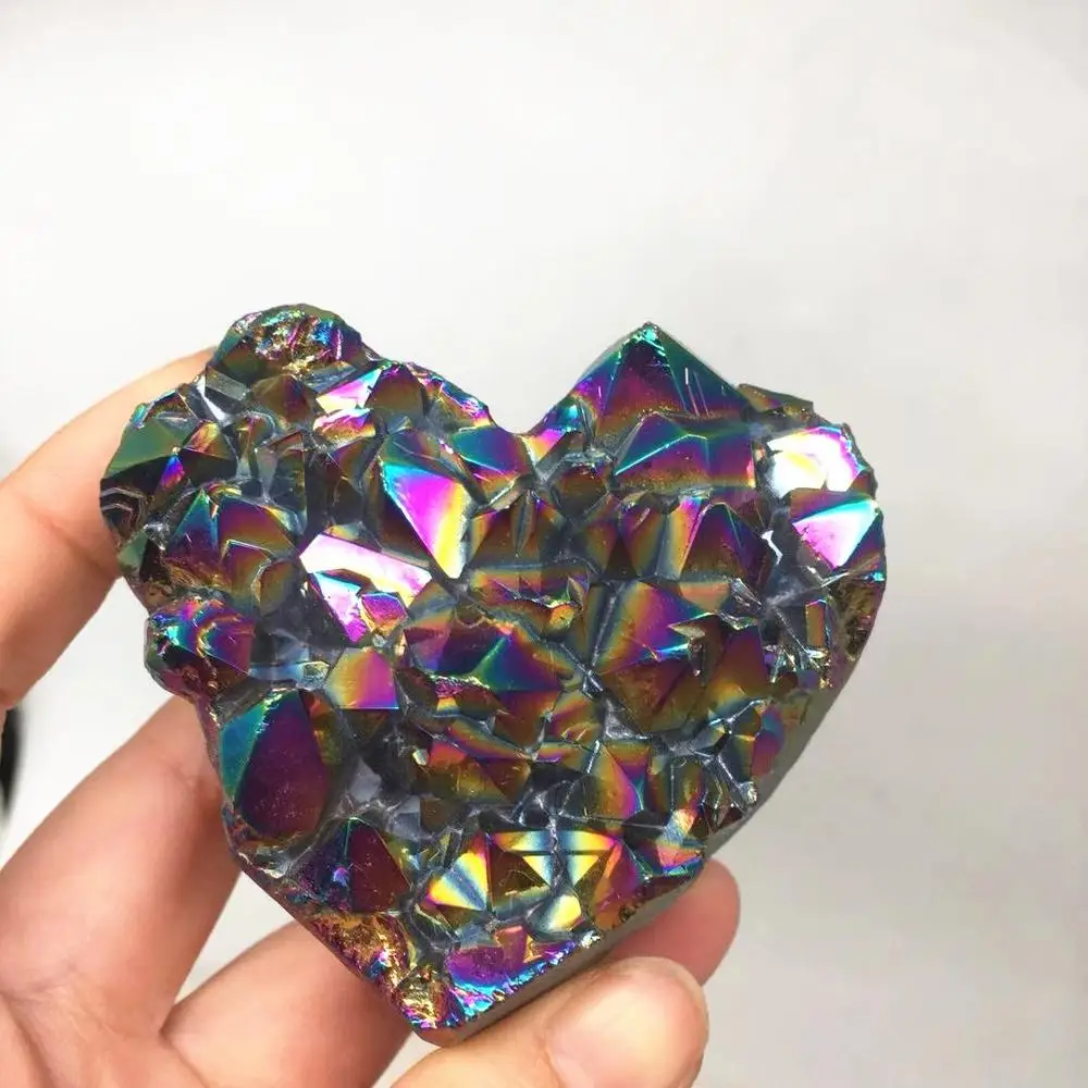 natural stones and minerals Rainbow titanium aura quartz crystal cluster hand carved heart shaped healing reiki