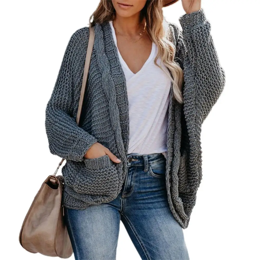 65%  Dropshipping!!Winter Women\'s Jacket Solid Color Knitted Pocket Loose Large Size Cardigan Sweater