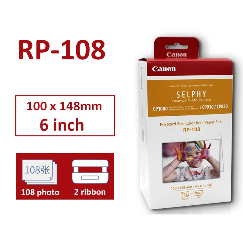 RP-108 Photo Papers 100*148mm(6 inch) sheets and 2 Ink Cartridge for Canon Selphy Photo Printer CP800 CP910 CP1200 CP1300