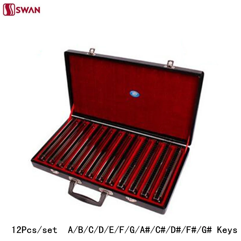 

12Pcs/set Swan Harmonica 24 Hole Tremolo Mouth Organ Sliver Color Woodwind Musical Instrument with Gift Box for Collect Gaita