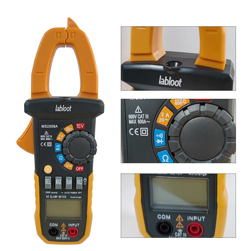 LABLOOT MS2008A Digital AC Clamp Meter 2000Counts AC/DC Voltage Auto Manual Range NCV