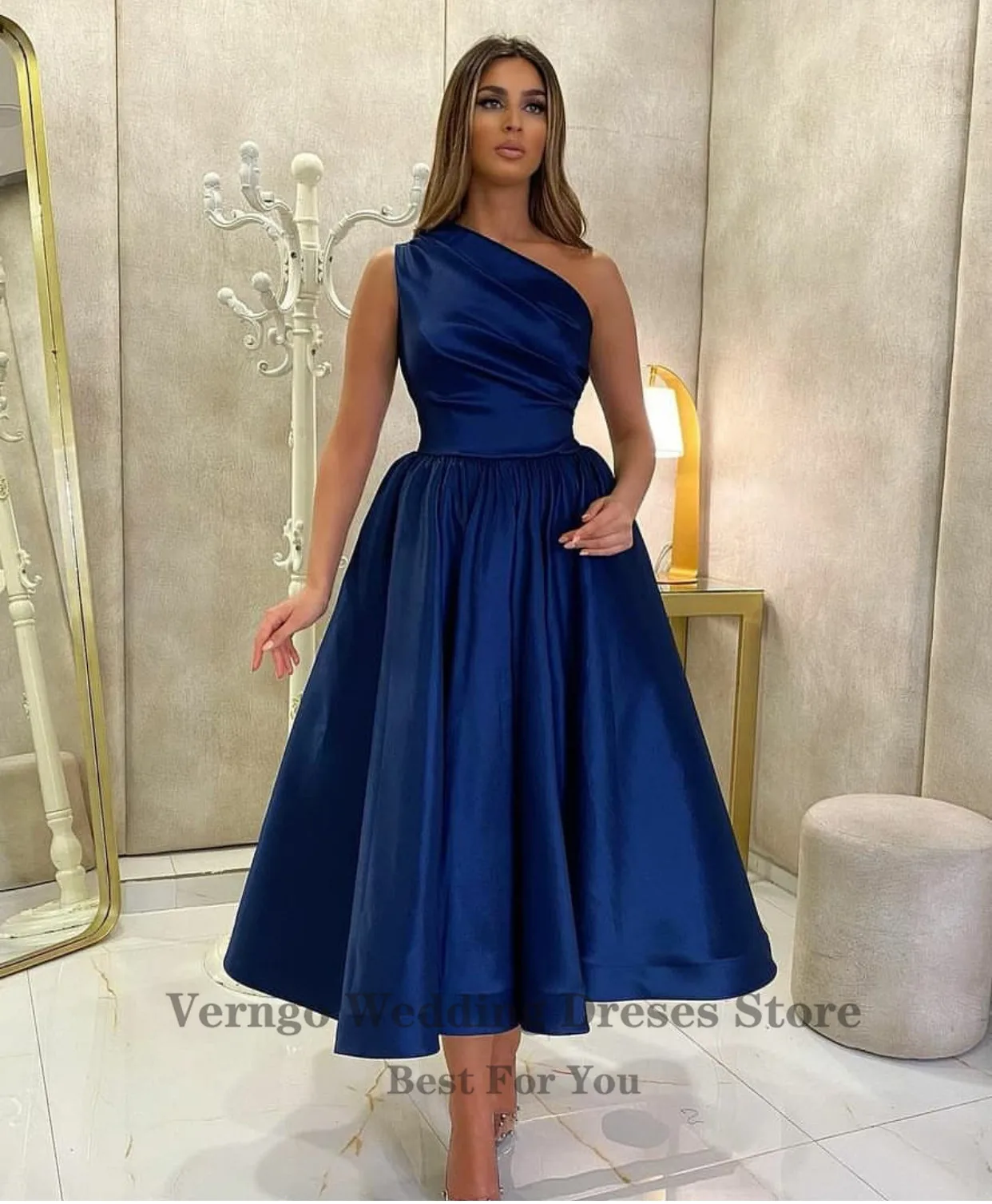 Verngo – robe de soirée en Satin Simple, ligne A, asymétrique épaule dénudée, plissée, longueur thé, robes de bal, arabie saoudite, grande taille, 2021