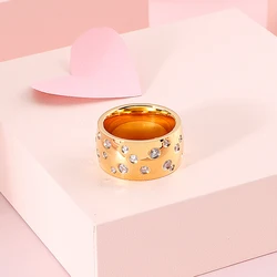 Stainless Steel Shiny Rhinestone Ring For Women Fashion Luxury Gold Color Wedding Band Jewelry Accessories