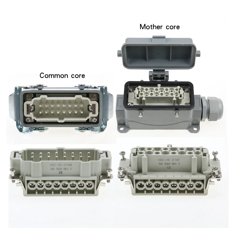 Rectangular plug heavy-duty connector he-016-5 16 core base with cover side protruding from high base with cover 16A