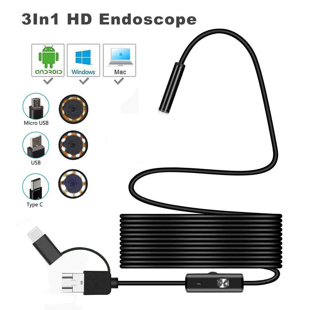 3In1 USB Endoscope Hard Cable 2M 1200P Borescope Inspection Camera for Android Type-c PC Waterproof Snake Camera 2/3.5/5M