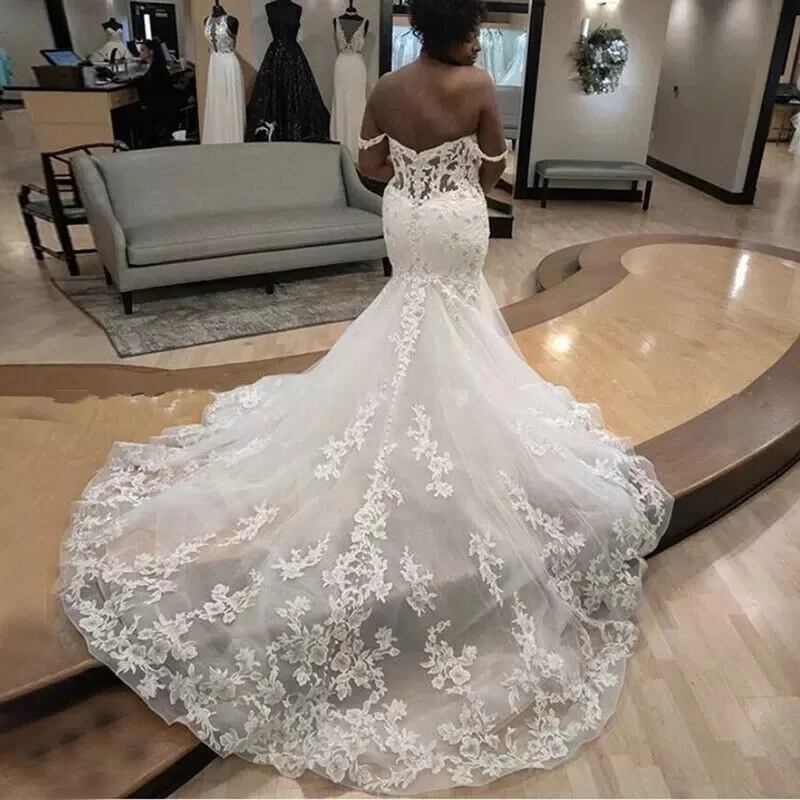 Vestidos De Novia elegantes con apliques De encaje, vestidos De Novia sin hombros De princesa y Sirena, vestidos De Novia hechos a medida