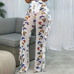 Women's Butterfly Print Ruffle Full Pants Mesh See-through Loose Wide Leg Trousers Fashion Casual Daily Sexy Transparent Pants