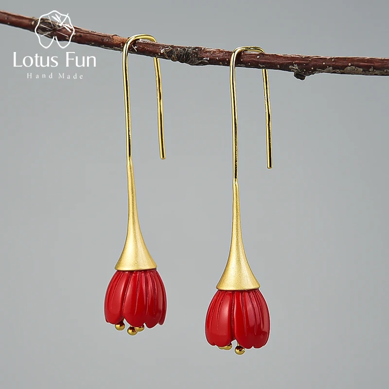 Lotus Fun Real 925 Sterling Silver Red Coral Handmade Designer Fine Jewelry Lily of the Valley Flower Drop Earrings for Women