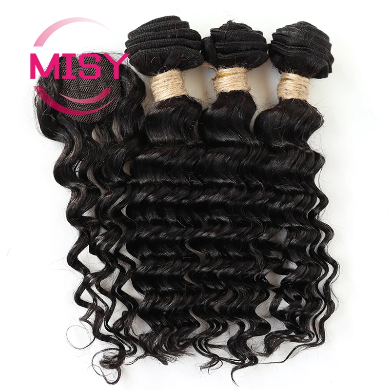 Short Deep Wave Bundles With Closure 100% Natural Human Hair Brazilian Hair Bundles With Machine Made Closure Non-Remy Hair