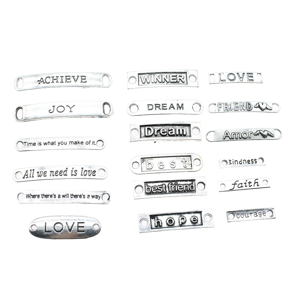 10pcs Word Charms Connector Antique Silver Color Love Dream Faith Courage Kindness Hope Connector Charms For Jewelry Making