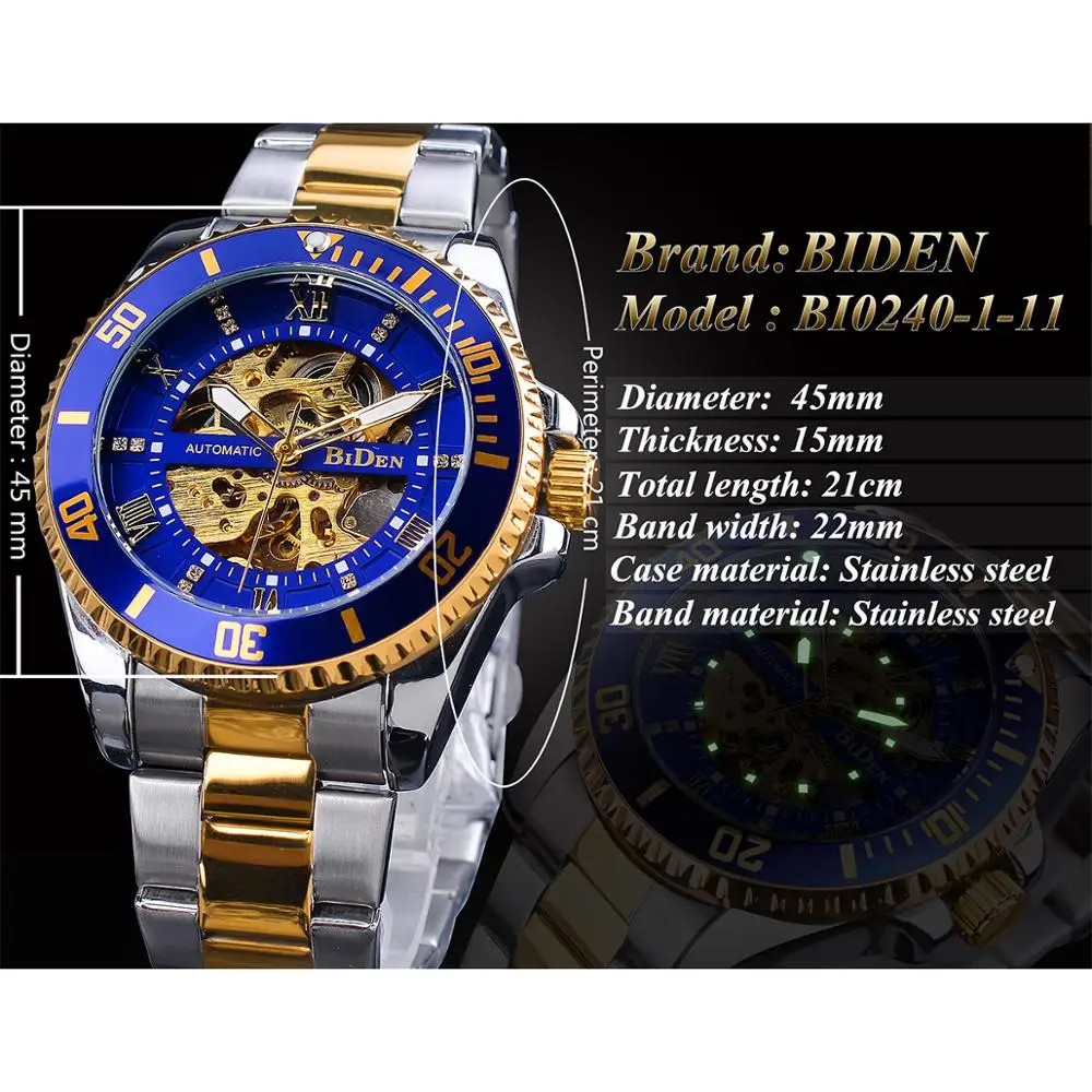 BIDEN-esqueleto Diamante Dial relógio mecânico, azul, dourado, impermeável, banda de aço inoxidável, mão luminosa, numerais romanos, automático