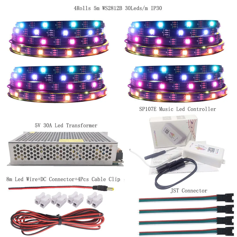 WS2812B WS2812 RGB Led Strip Light Individually Addressable IC SP107E Bluetooth Music ControIIer DC5V Transformer Power SuppIy