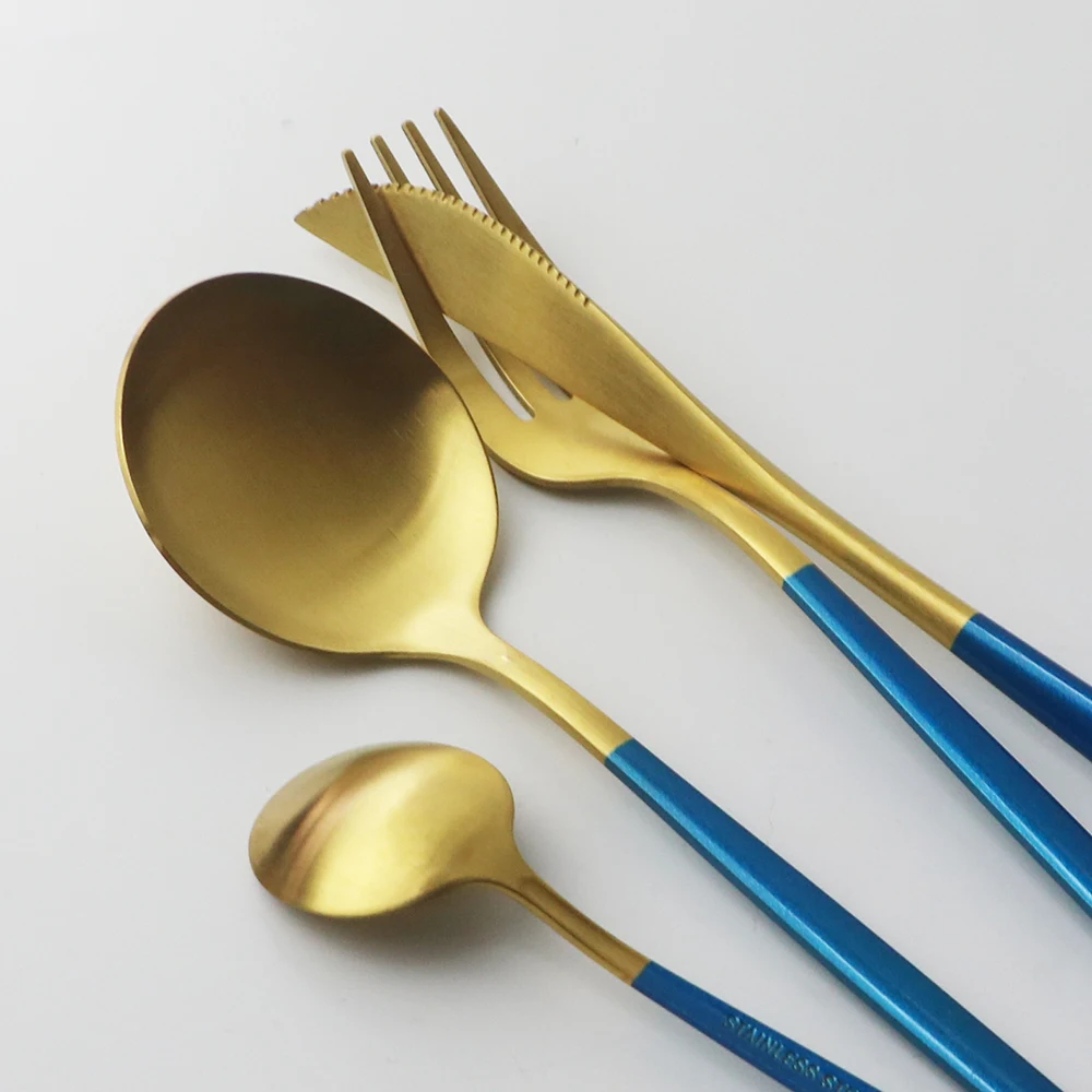 36Pcs Blue Gold Matte Flatware Cutlery Set Stainless Steel Dinnerware Set Tableware Dessert Fork Coffee Spoon Silverware Set
