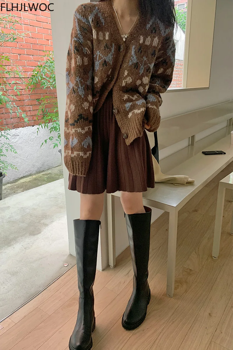 Hot Sales High Waist Knitted Sweater Skirts Cute Sweet Girls Date Black Brown Pleated A Line Skirt