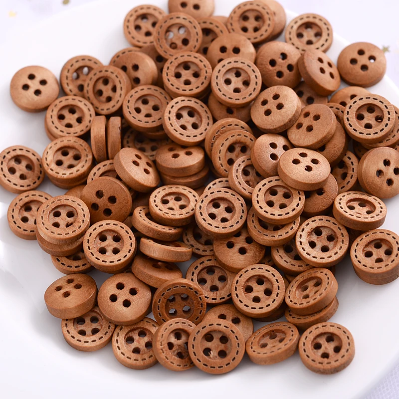 Hot 12mm 100Pcs Brown Dotted Line Wooden Buttons Scrapbooking Handmade Decorative Button For Apparel DIY Sewing Accessories