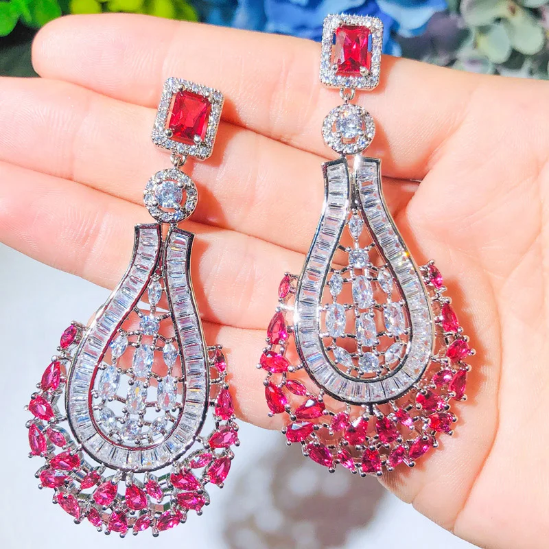 CWWZircons 70mm Luxury Statement Large Dangle Drop Rose Red CZ Earrings Vintage Wedding Bridal Party Costume Jewelry CZ664