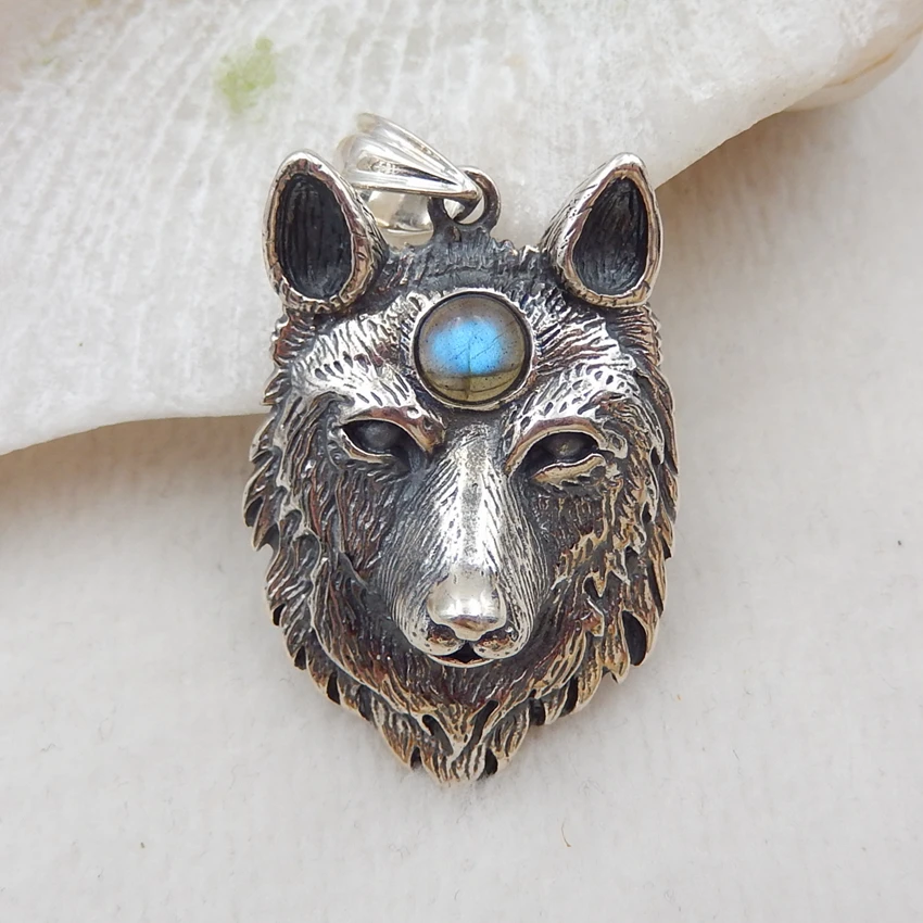 

1pcs Fashion natural stone Labradorite Carved Silver Wolf Head Pendant for jewelry making 41x27x12mm,14.9g