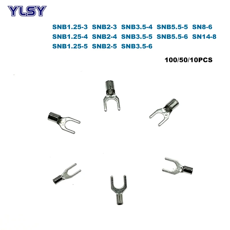 

Spade Bare Crimp Terminals Electrical Cord End Wire Connector SNB1.25~SNB14 Cable Ferrules 22-6AWG 0.5-16mm2 100/50/10Pcs