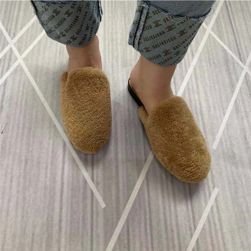 2021 New Fashion Spring Summer Women\'s Fur Mules Round Toe Lamb Wool Slippers Baotou Flat Heels Half Slippers