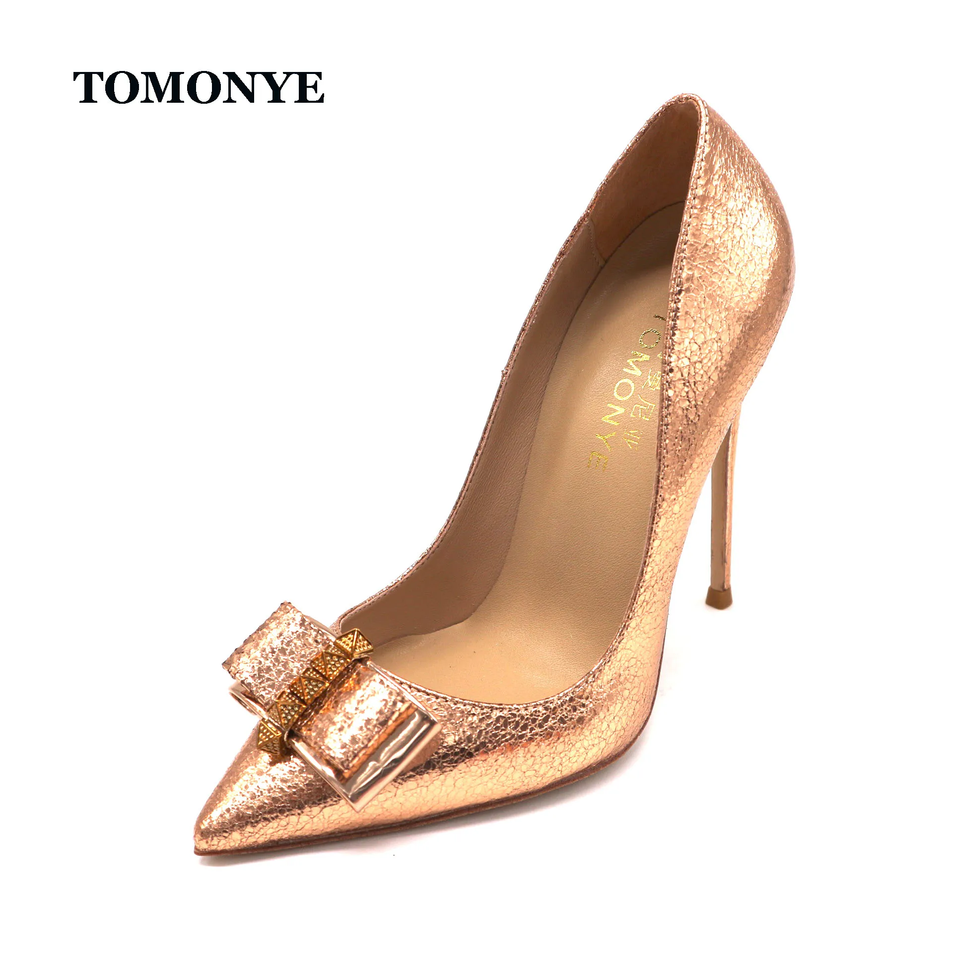 TOMONYE rose gold bursting pattern pointed toe stud bowknot butterfly office lady performing Pole dancing 120mm high heel shoes