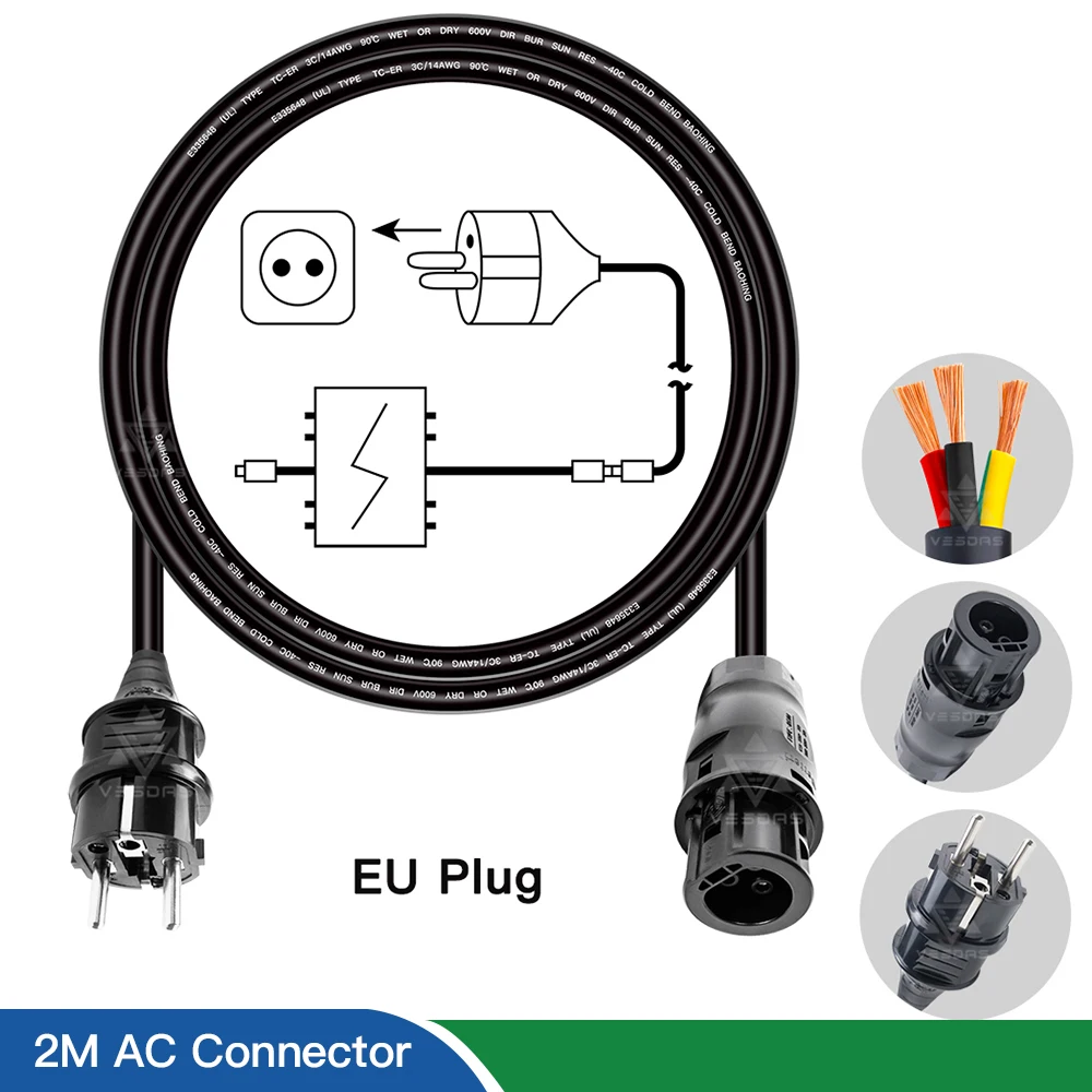 2M EU Plug BC01 Female AC Connector Accessories With UL TUV Certification For Deye 2000W G3 Solar Micro Inverter