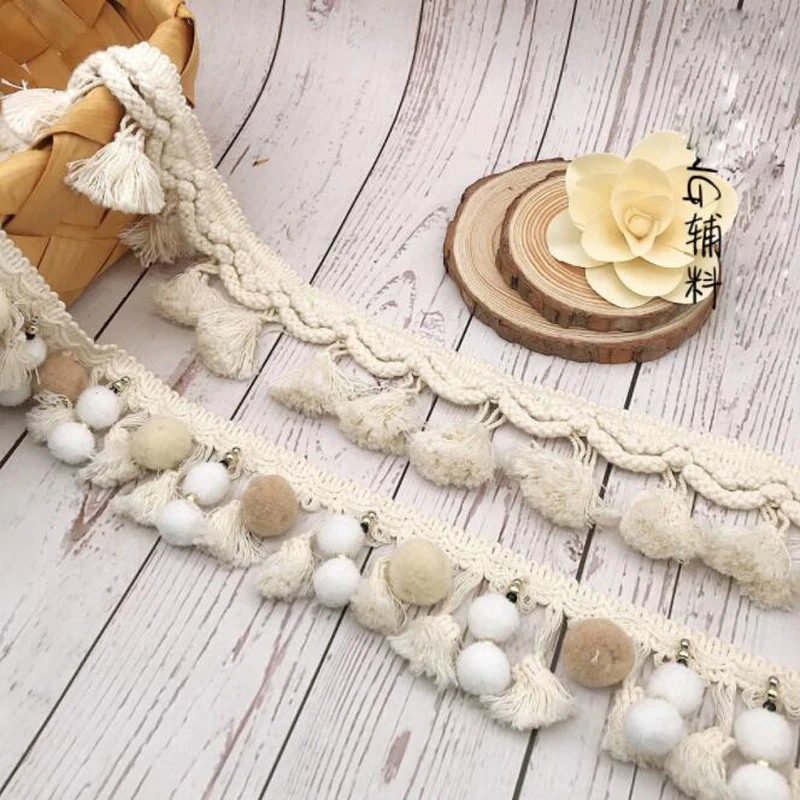 1Y Pom Trim Ball Wide 6CM Fringe Ribbon Sewing Beige White Lace Kintted Fabric Beaded Handmade Craft Accessories