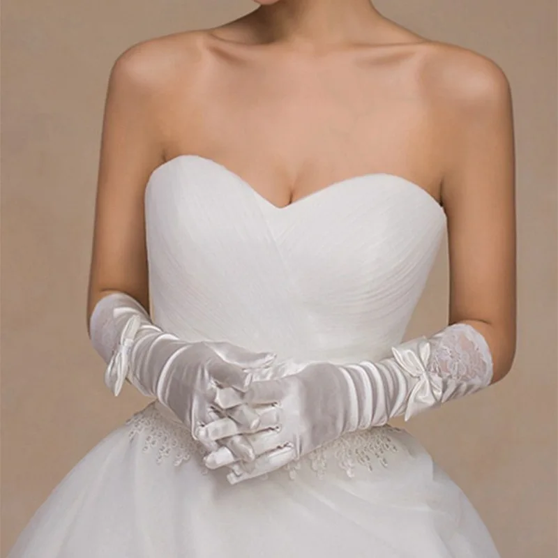 Guantes de boda con lazo, manoplas largas de color blanco, longitud hasta el codo