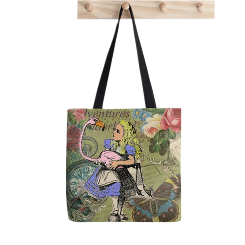 

Shopper Alice in Wonderland Flamingo Painted Tote Bag women Harajuku shopper handbag girl Shoulder shopping bag Lady Canvas Bag