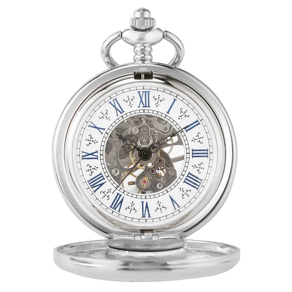 Silver Mechanical Hand Wind Antique Pocket Watch Exquisite Blue Roman Numerals Display Skeleton Pendant Clock Gifts Elder