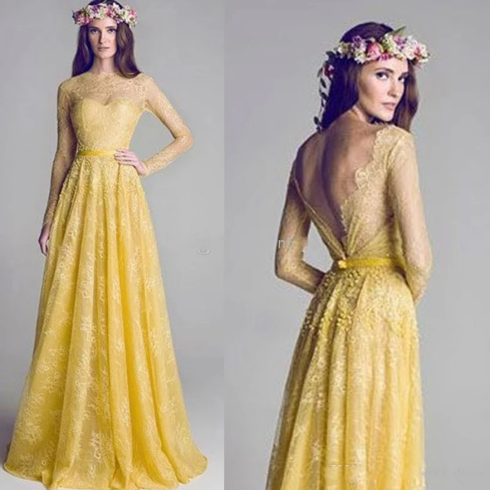 New Illusion Neck Yellow Long Evening Dresses 2025 Backless Lace Prom Party Dresses Boho robe de soriee Customized