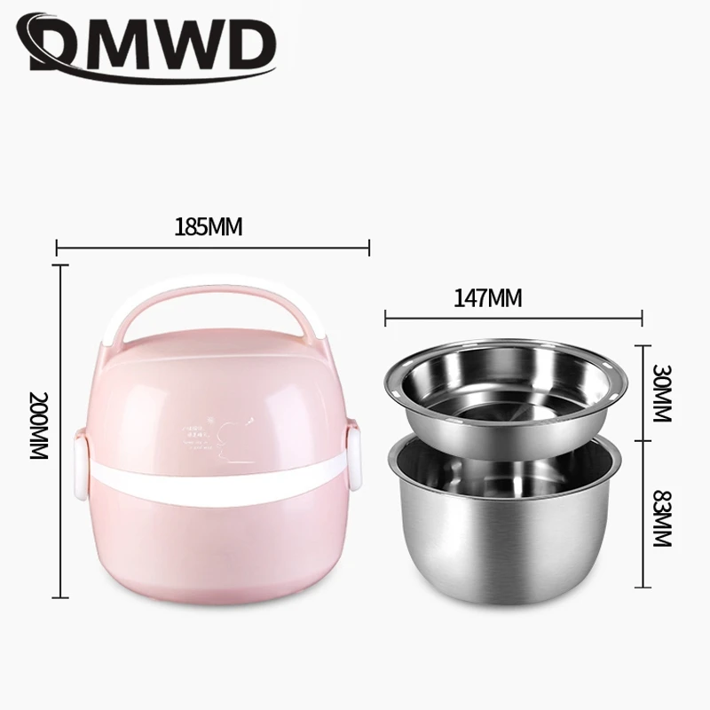 DMWD 1.3L Portable Rice Cooker Electric Lunch Box Food Heater Steamer Thermostat Warmer Container Office 2 Layer Stainless Steel