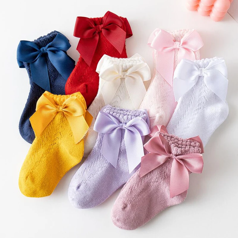 0-5Years Newborn Baby Ankle Socks With Bows Cotton Sock For Girls Summer Hollow Out Toddlers Girl Frilly Socks Infant Floor Sock