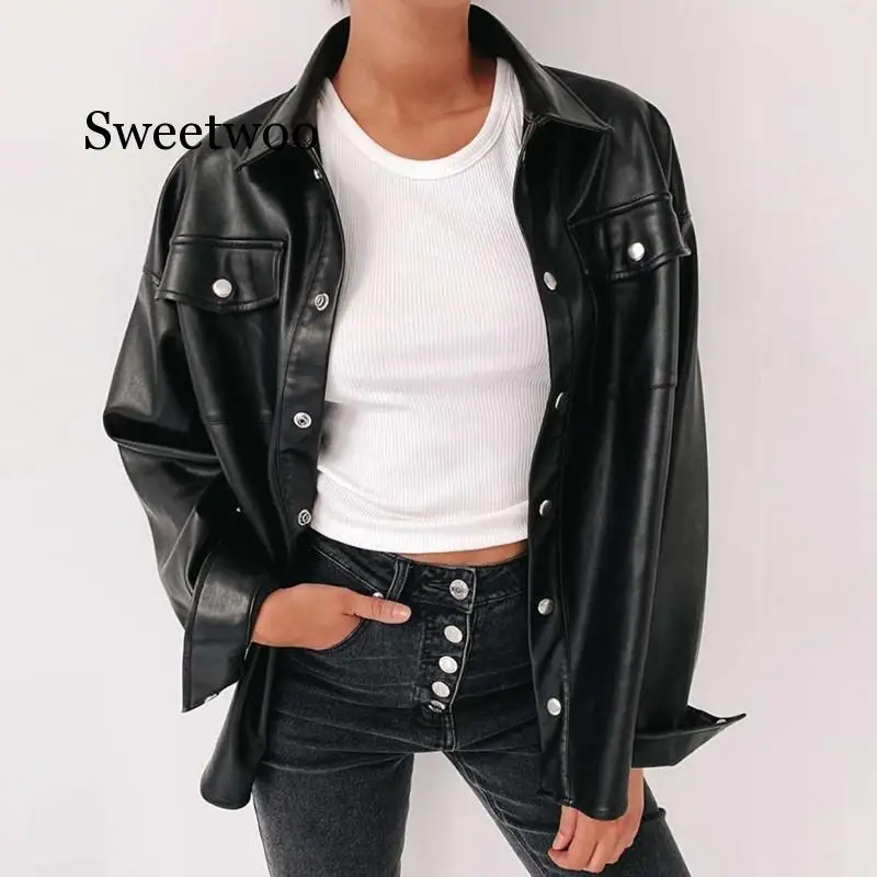 Streetwear Black PU Leather Blouse Women Cardigan Buttons Fashion Women\'s Shirt Top Long Sleeve Solid Leather Blouses