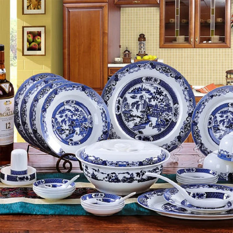 

Guci Jingdezhen ceramics tableware 56 head bone china tableware blue and white glaze color dishes suit