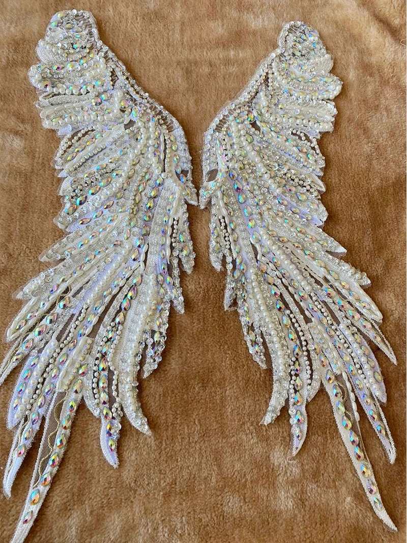 1Pair Handmade Rhinestones Lace Applique Sew on Beads Stones Patches Trim Angel Wing Patches for Dress Neckline 52X15cm