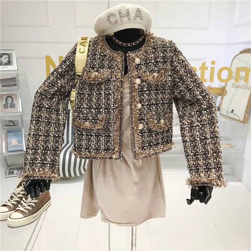 Women Tweed Blazers Short Plaids Jacket Women Autumn Elegant Buttons Suits Coat OL Fringed Cardigan Single-Breasted Crop Tops