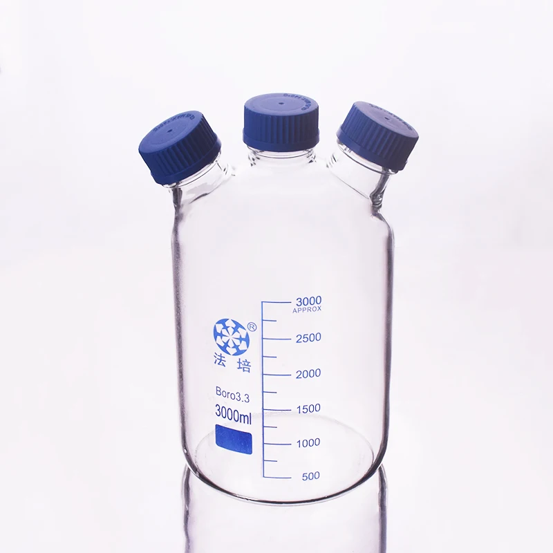 

Reagent bottle,With 3 blue screw covers,Borosilicate glass 3.3,Heavy wall 3000ml,Graduation Sample Vials Plastic Lid