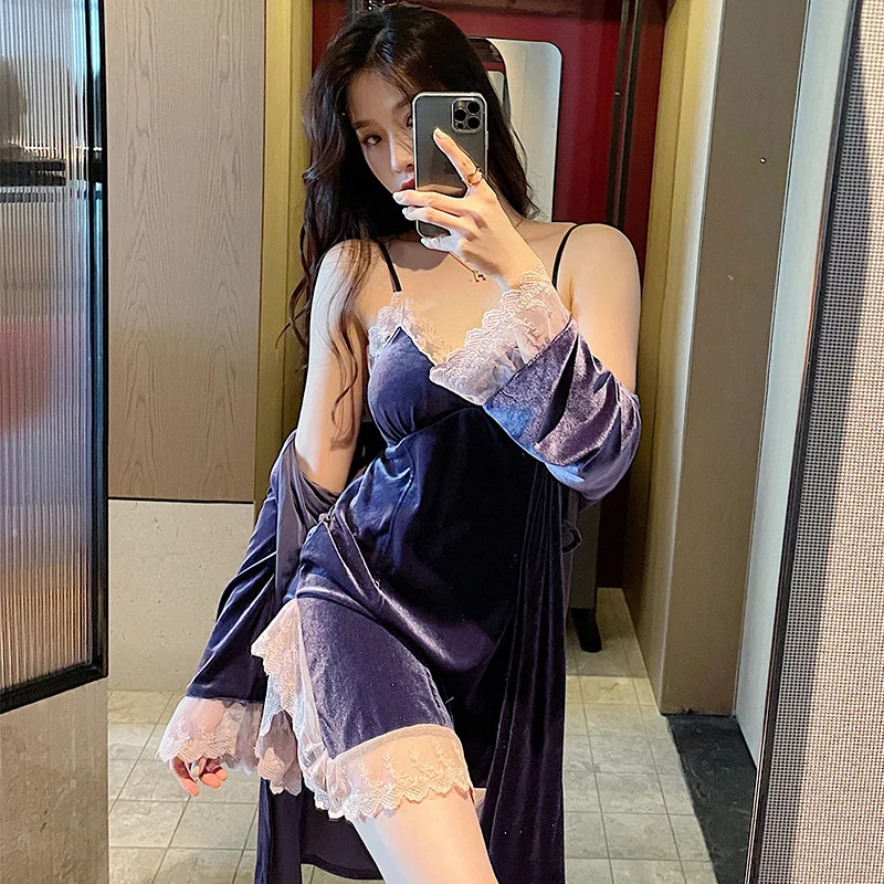 New Sexy Velvet Full Slip Lace Robe Suspender Nightgown Sleepwear Female Velour Kimono Bathrobe Gown Nightdress Loose Home Wear