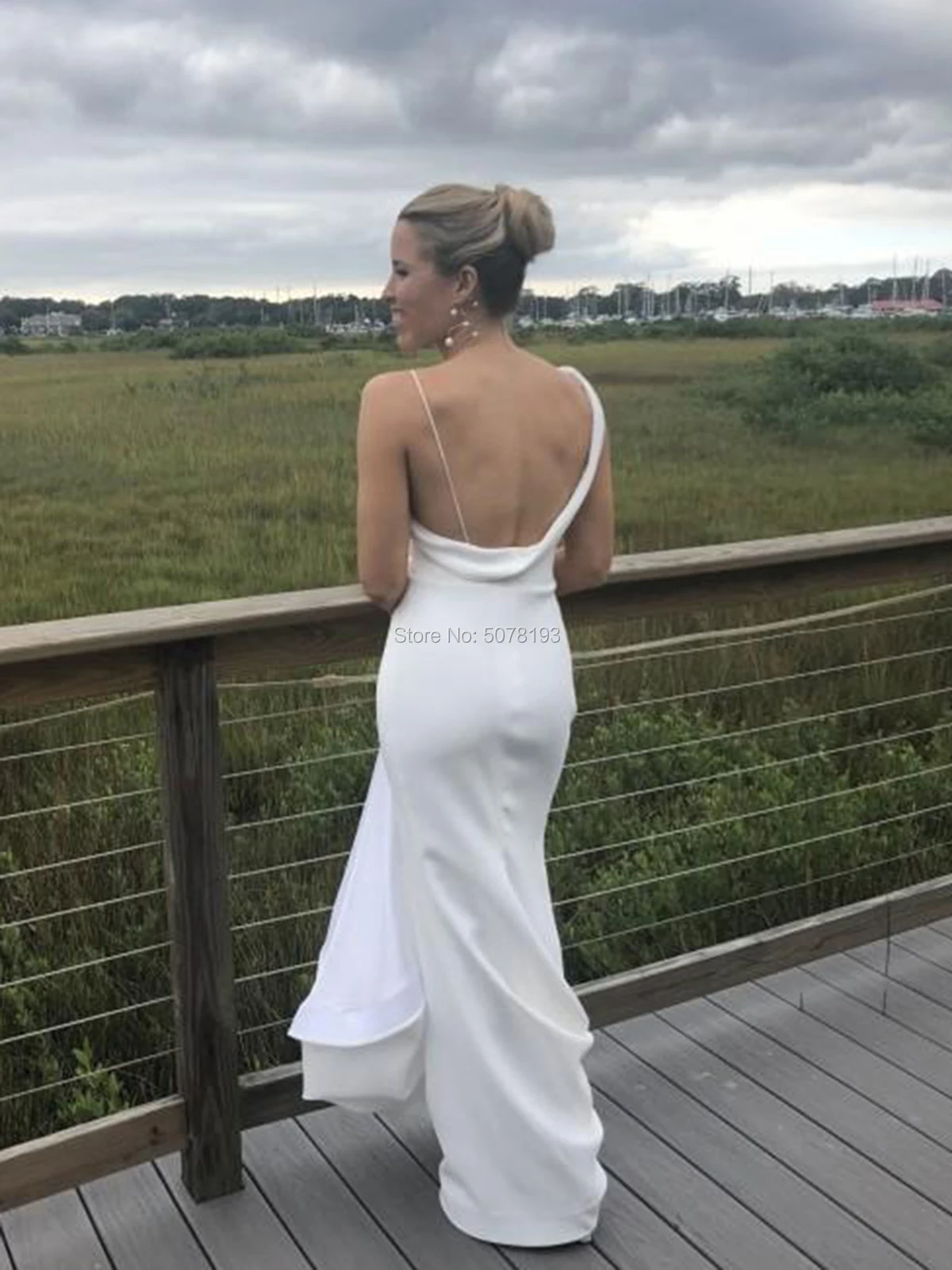 Vestidos de boda de LICRA con cuello en V para mujer, ropa formal con cremallera lateral y espalda abierta, longitud hasta el suelo, sirena/trompeta, color blanco, elegante, 9151