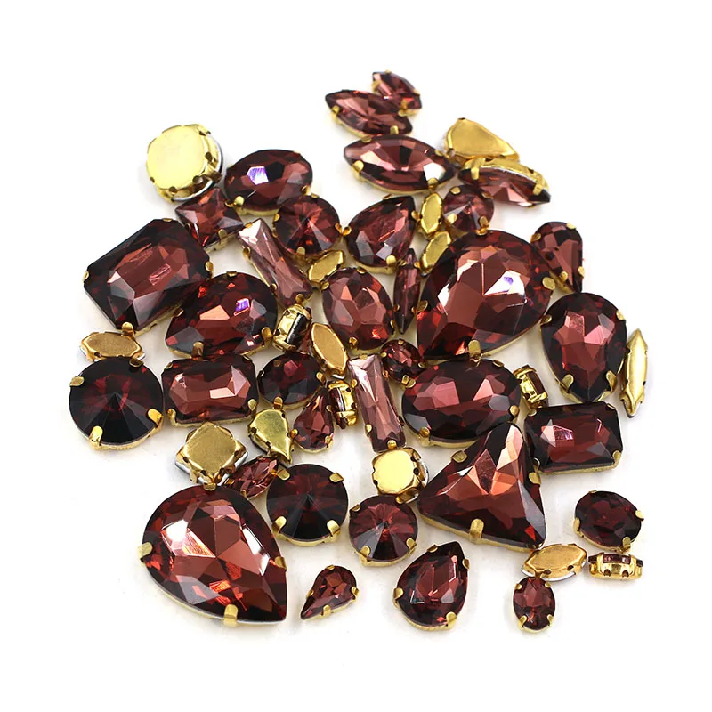 NEW 50pcs/bag mixed shape gold base glass rhinestones Wine red flatback sew on rhinestones diy clothing accessories