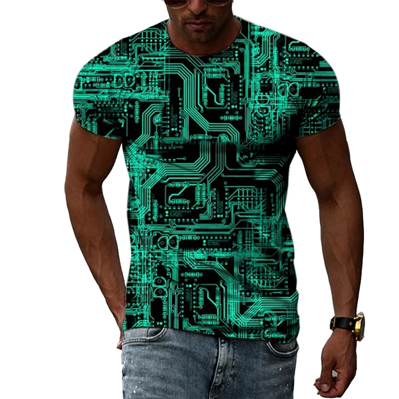 Round Neck Personality Circuit Board graphic t shirts For trendyol Men Summer Hip Hop street style Casual Printing T-shirts Tops