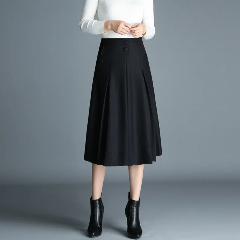 

New 2022 Winter Womens Skirts Fashion Solid Button High Waist Pleated Skirt Female Slim Fit Mid-Long Skirt Plus Size M-4XL